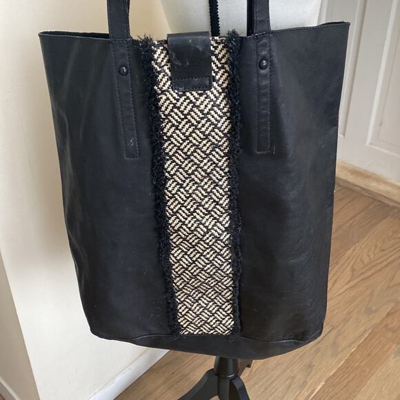 Loeffler Randall Black Tall Leather and Raffia Shopping Tote - Picture 3 of 8